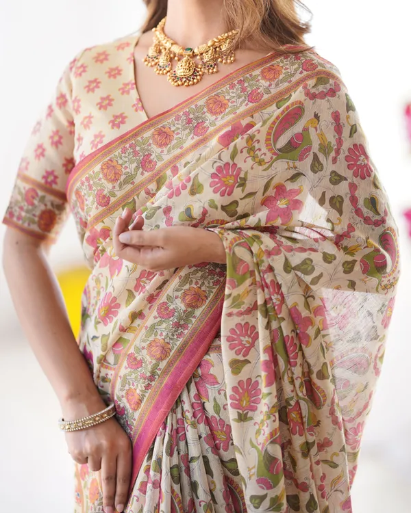 Cream_Linen_Saree_For_Women