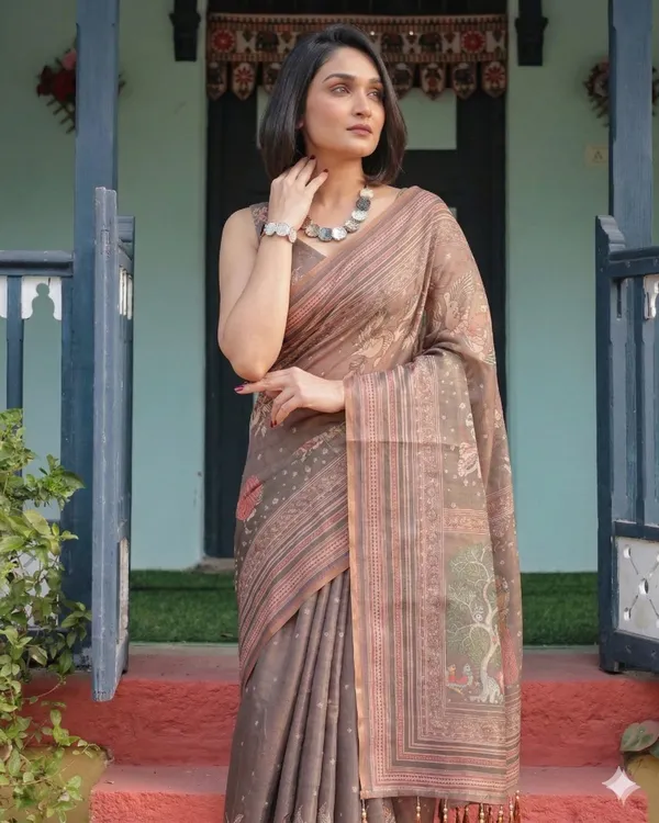Brown_Linen_Saree_For_Women