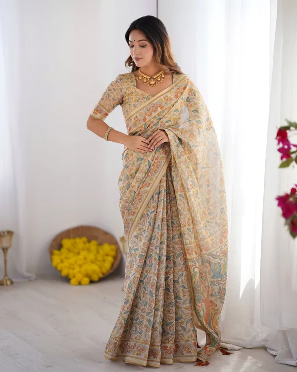 Cream_Linen_Saree_For_Women