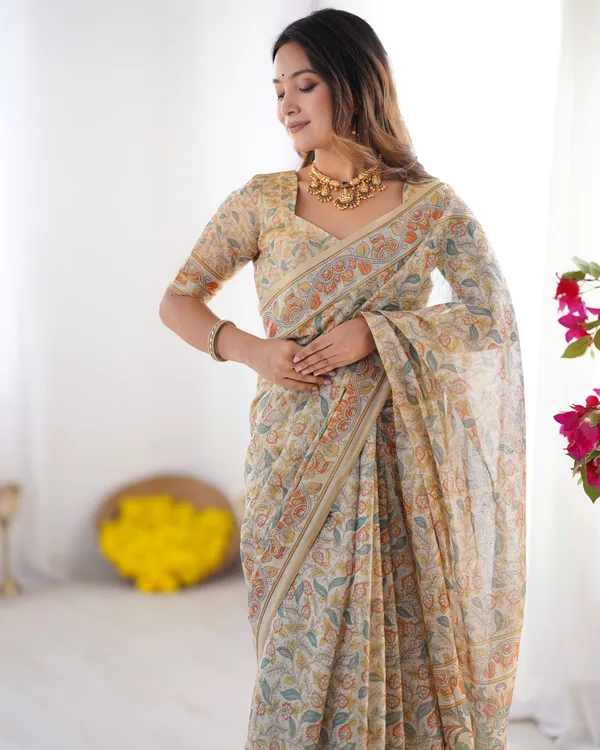 Cream_Linen_Saree_For_Women