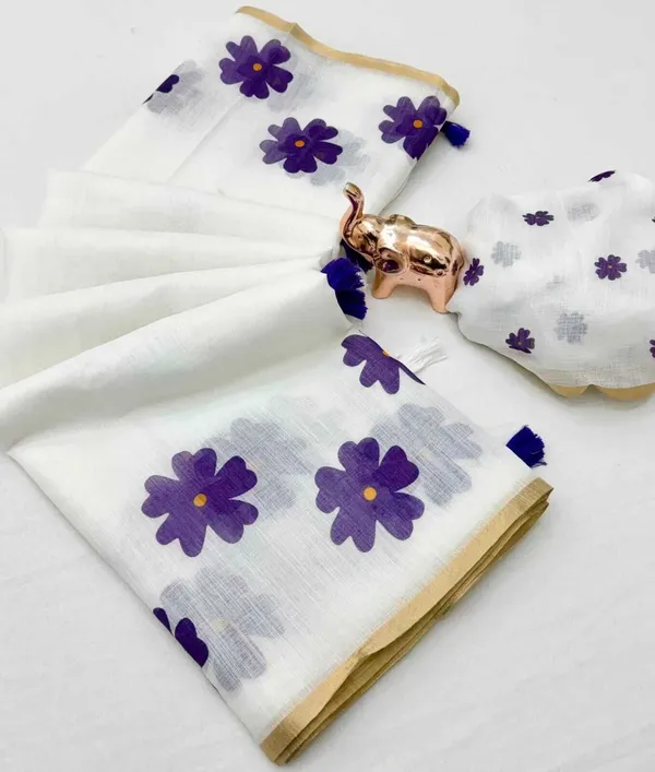 White_And_Purple_Cotton_Linen_Saree_For_Women