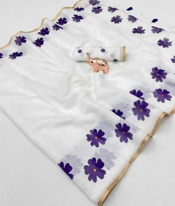 White_And_Purple_Cotton_Linen_Saree_For_Women
