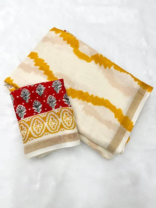 White_And_Yellow_Cotton_Linen_Saree_For_Women