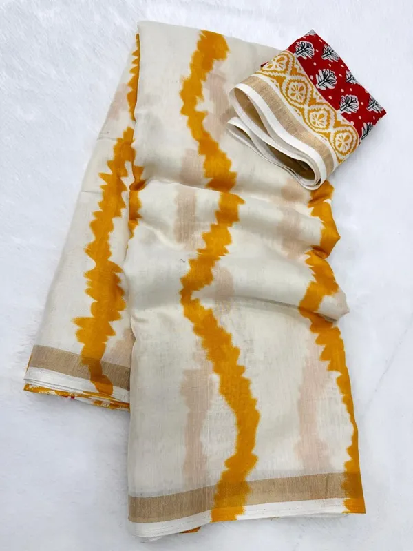 White_And_Yellow_Cotton_Linen_Saree_For_Women