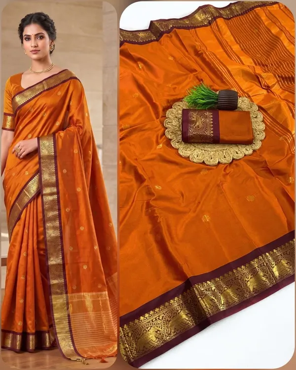 Orange_And_Brown_Cotton_Silk_Saree_For_Women