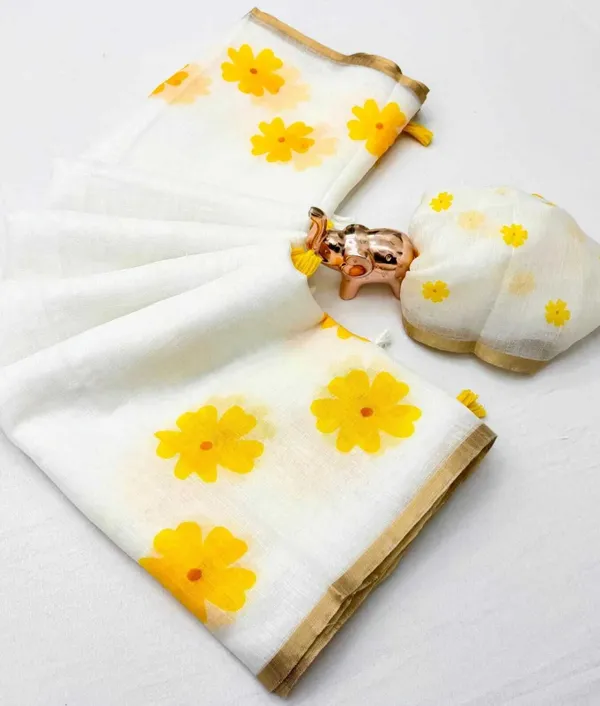White_And_Yellow_Cotton_Linen_Saree_For_Women