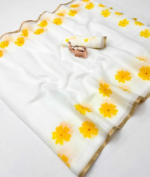 White_And_Yellow_Cotton_Linen_Saree_For_Women