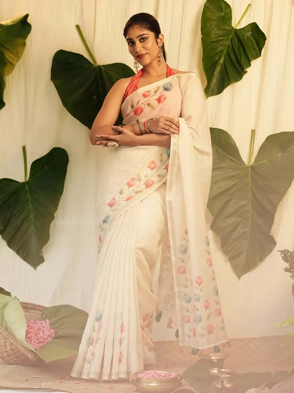 Cream_Cotton_Linen_Saree_For_Women