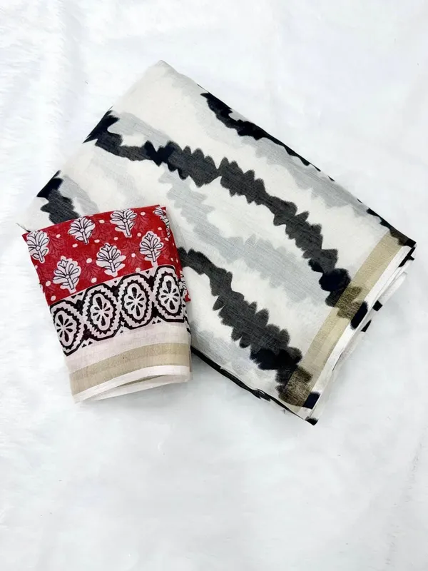 White_And_Black_Cotton_Linen_Saree_For_Women