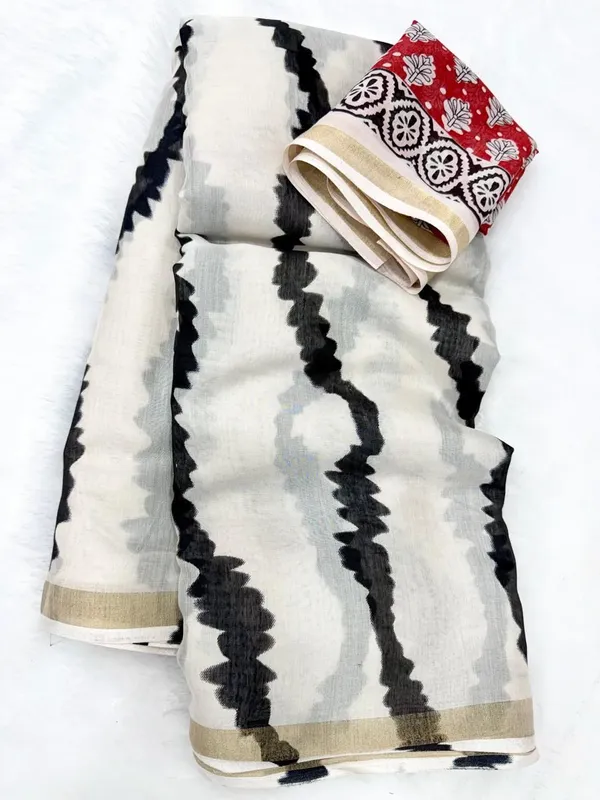 White_And_Black_Cotton_Linen_Saree_For_Women