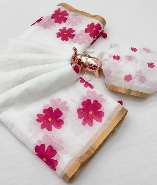White_And_Magenta_Cotton_Linen_Saree_For_Women