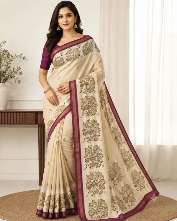 Cream_Silk_Blend_Saree_For_Women