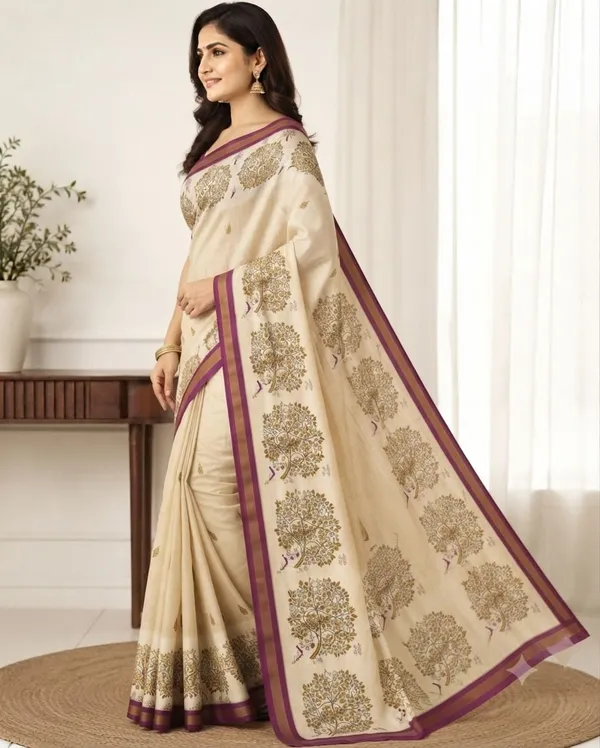 Cream_Silk_Blend_Saree_For_Women