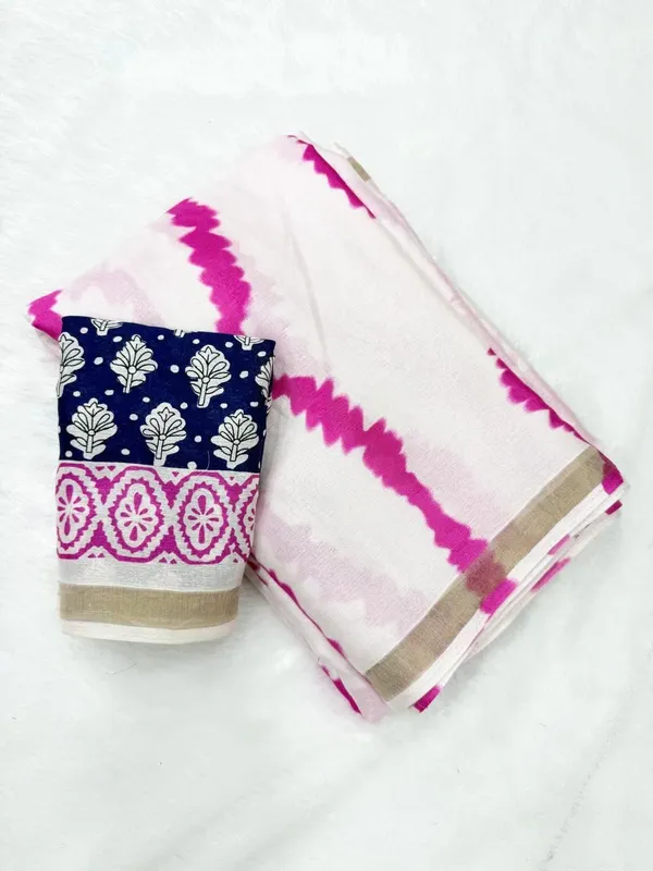 White_And_Pink_Cotton_Linen_Saree_For_Women