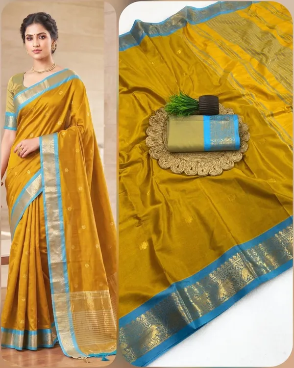 Yellow_And_Blue_Cotton_Silk_Saree_For_Women