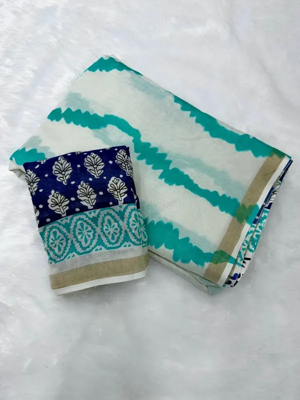 White_And_Blue_Cotton_Linen_Saree_For_Women