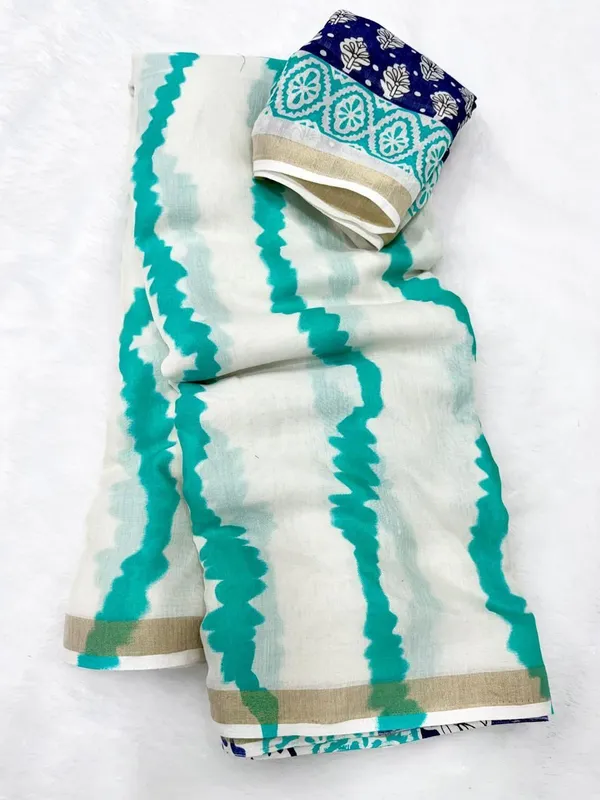White_And_Blue_Cotton_Linen_Saree_For_Women