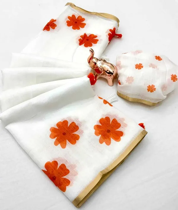 White_And_Orange_Cotton_Linen_Saree_For_Women