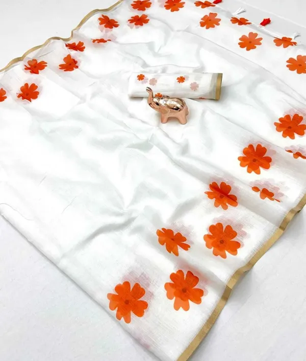 White_And_Orange_Cotton_Linen_Saree_For_Women