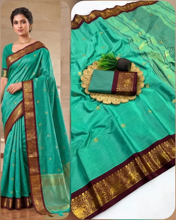 Dark_Green_And_Brown_Cotton_Silk_Saree_For_Women