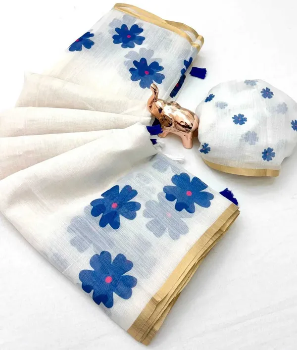 White_And_Blue_Cotton_Linen_Saree_For_Women