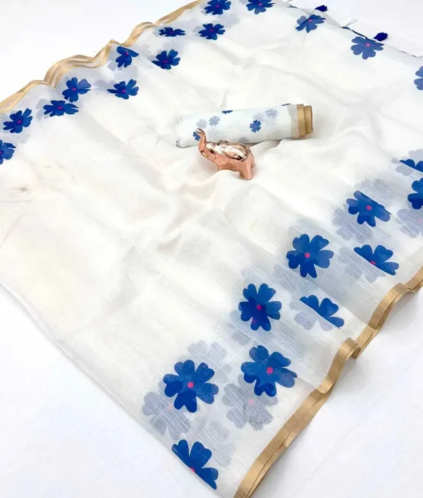 White_And_Blue_Cotton_Linen_Saree_For_Women