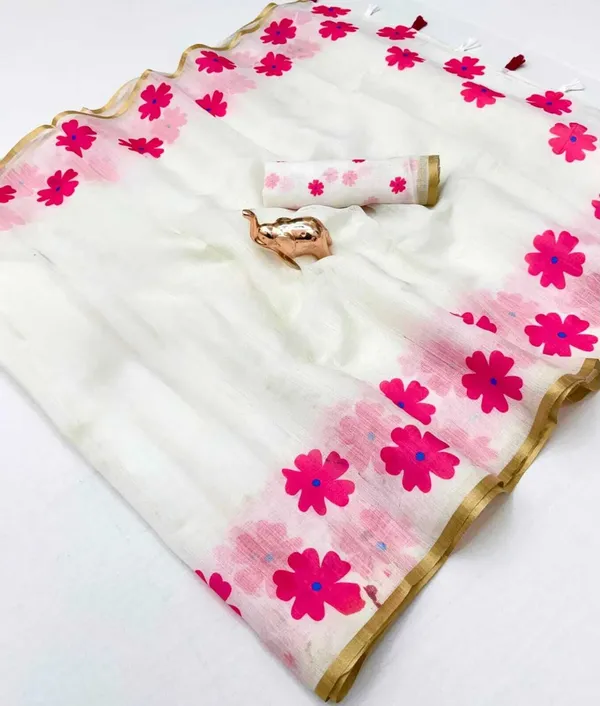 White_And_Pink_Cotton_Linen_Saree_For_Women