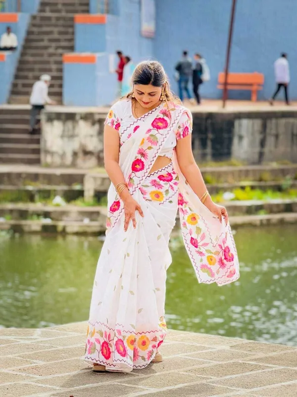 White_Cotton_Linen_Saree_For_Women