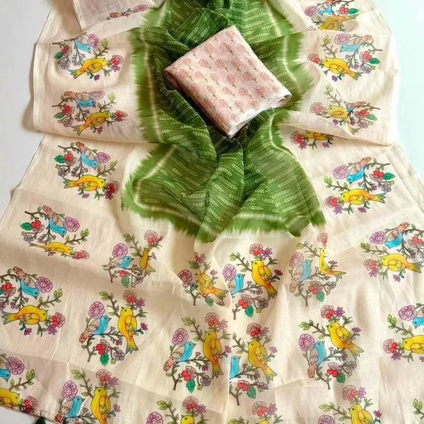 Cream_And_Dark_Green_Linen_Saree_For_Women