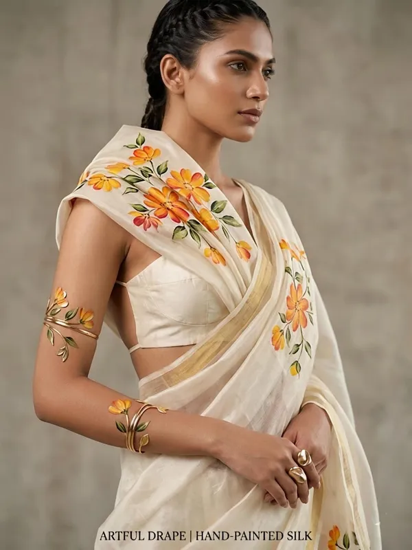 Cream_And_Yellow_Linen_Saree_For_Women