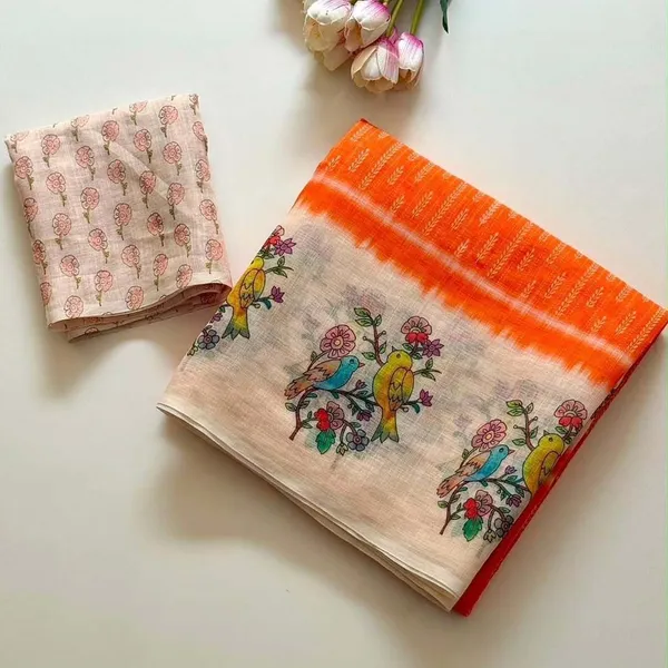 Cream_And_Orange_Linen_Saree_For_Women