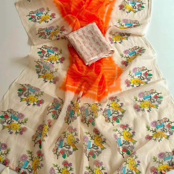 Cream_And_Orange_Linen_Saree_For_Women