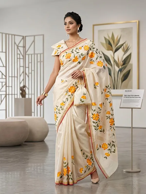 Cream_And_Yellow_Linen_Saree_For_Women