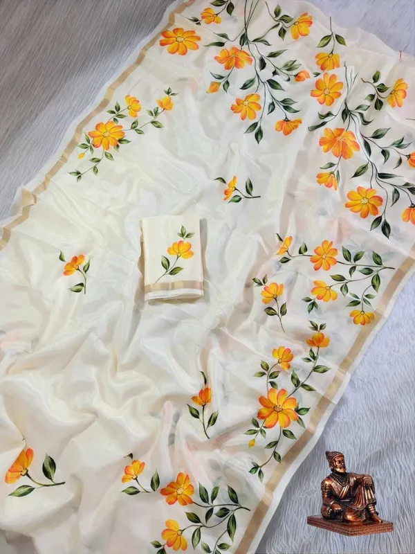 Cream_And_Yellow_Linen_Saree_For_Women