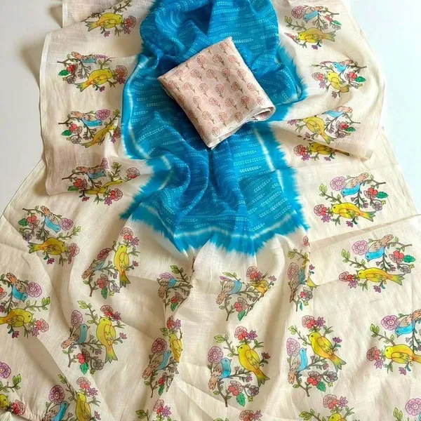 Cream_And_Blue_Linen_Saree_For_Women