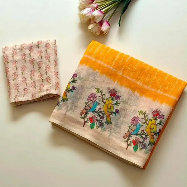 Cream_And_Yellow_Linen_Saree_For_Women
