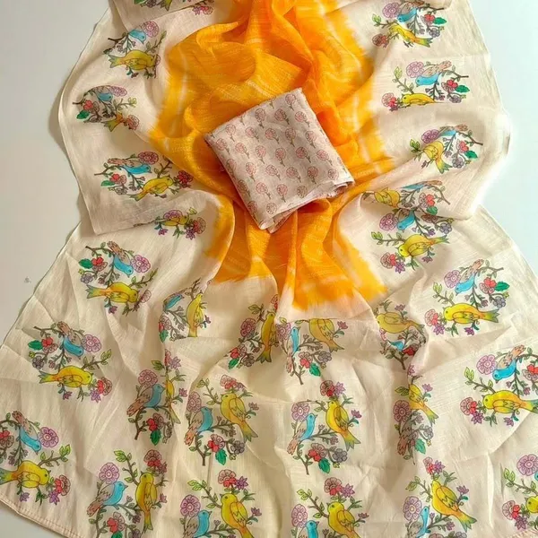 Cream_And_Yellow_Linen_Saree_For_Women