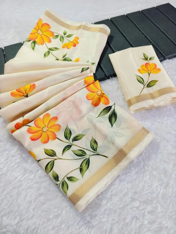 Cream_And_Yellow_Linen_Saree_For_Women