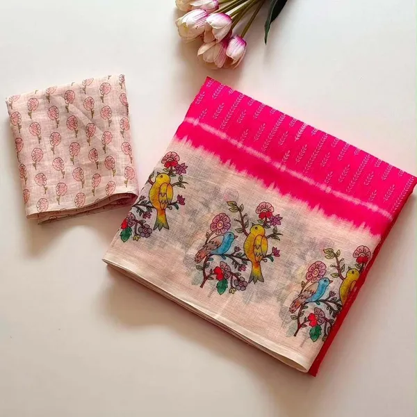 Cream_And_Pink_Linen_Saree_For_Women