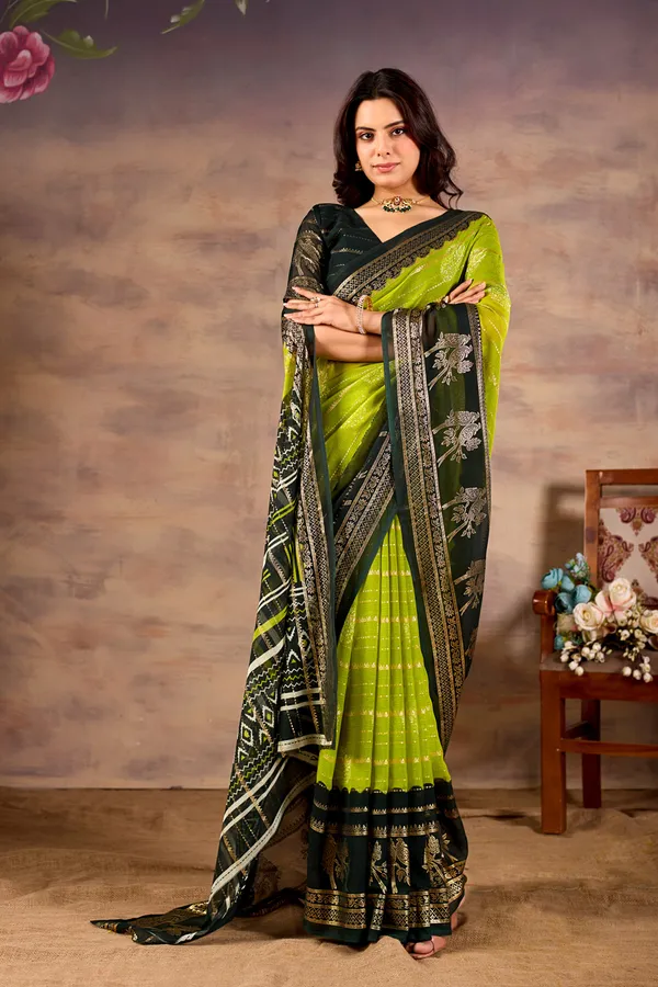 Lime_Green_With_Black_Pure_Georgette_Saree_For_Women
