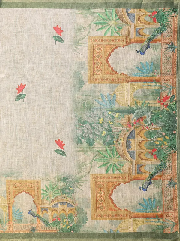 Beige_With_Green_Border_Silk_Blend_Saree_For_Women