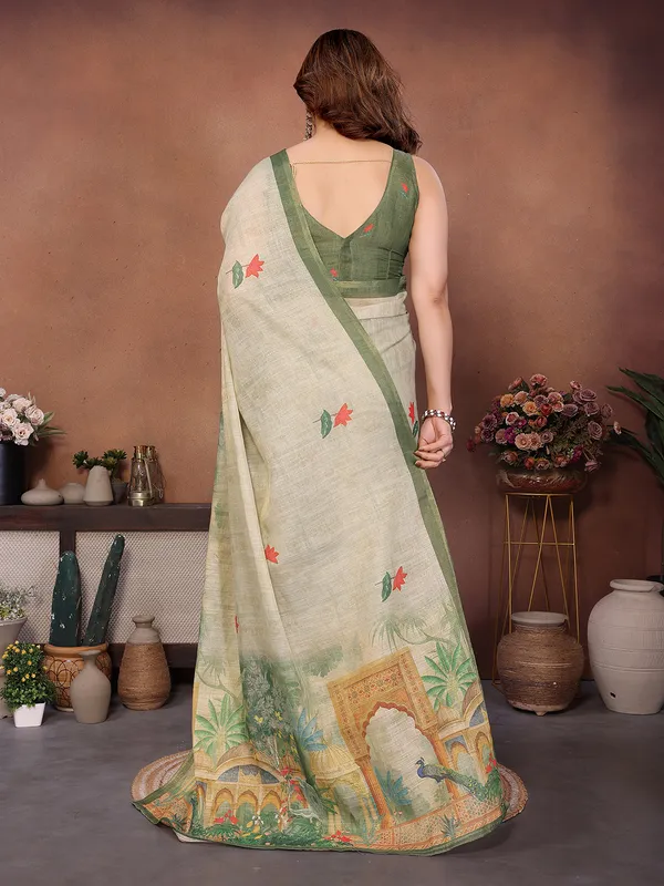 Beige_With_Green_Border_Silk_Blend_Saree_For_Women