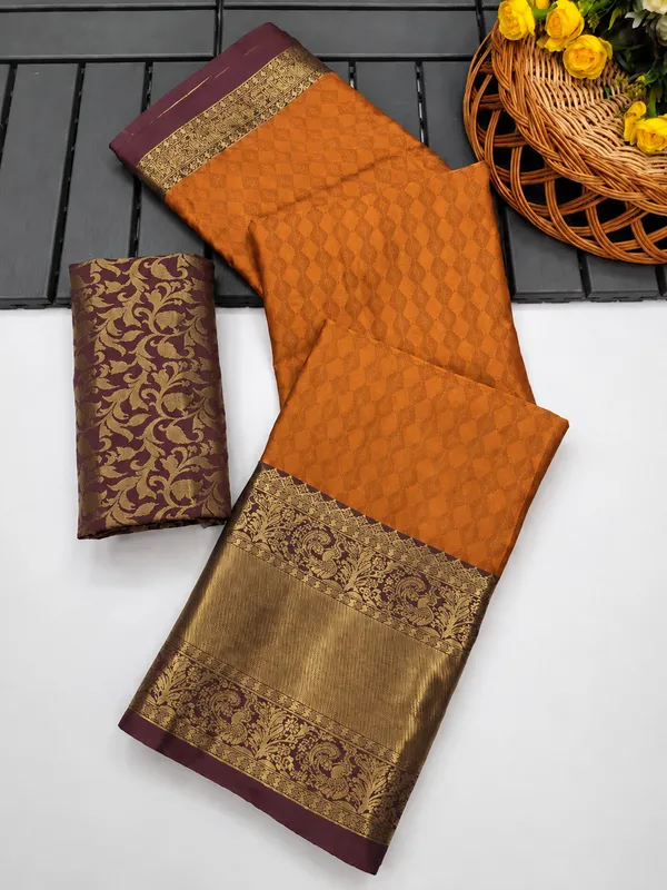 Orange_And_Brown_Silk_Cotton_Saree_For_Women