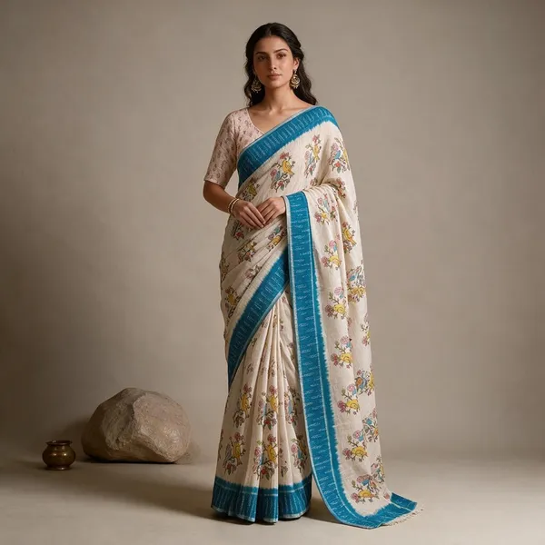 Cream_And_Blue_Linen_Saree_For_Women