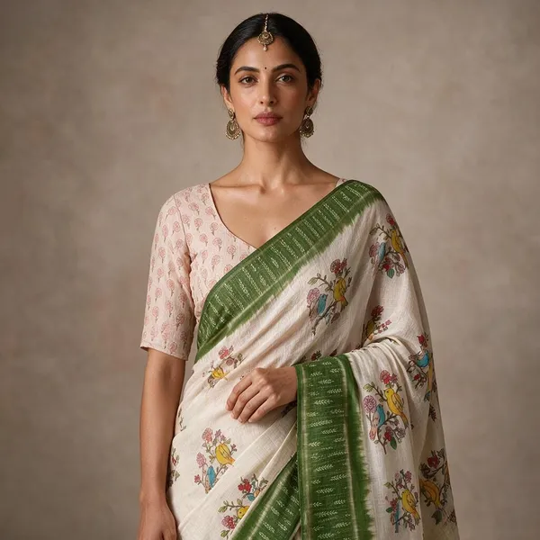 Cream_And_Dark_Green_Linen_Saree_For_Women