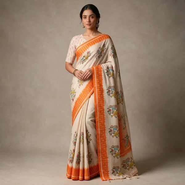 Cream_And_Orange_Linen_Saree_For_Women