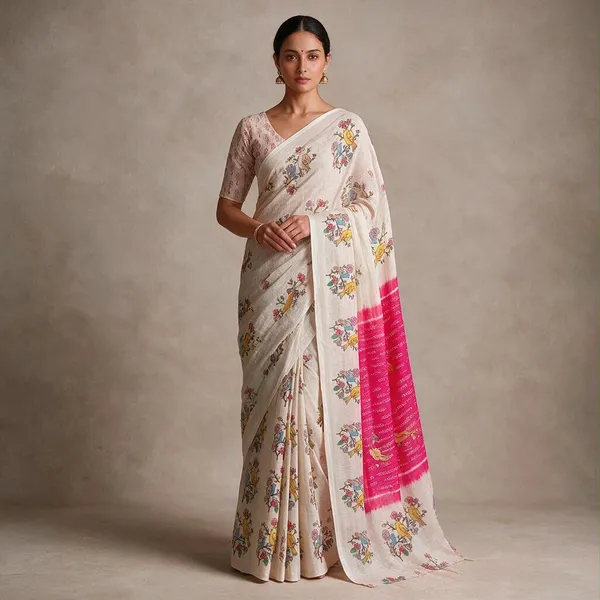 Cream_And_Pink_Linen_Saree_For_Women