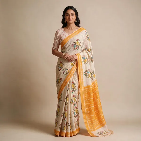 Cream_And_Yellow_Linen_Saree_For_Women