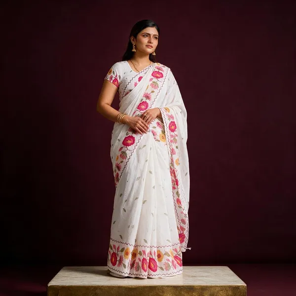 White_Cotton_Linen_Saree_For_Women