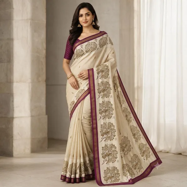 Cream_Silk_Blend_Saree_For_Women